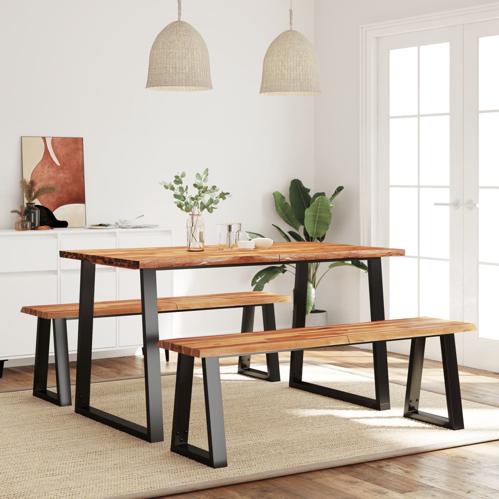 Table à Manger En Bois Massif + 2 Bancs Assortis - Marron, 120x75 Cm